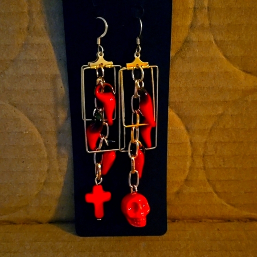Hand Crafted Hot Peppers, Skull and Cross Earrings.